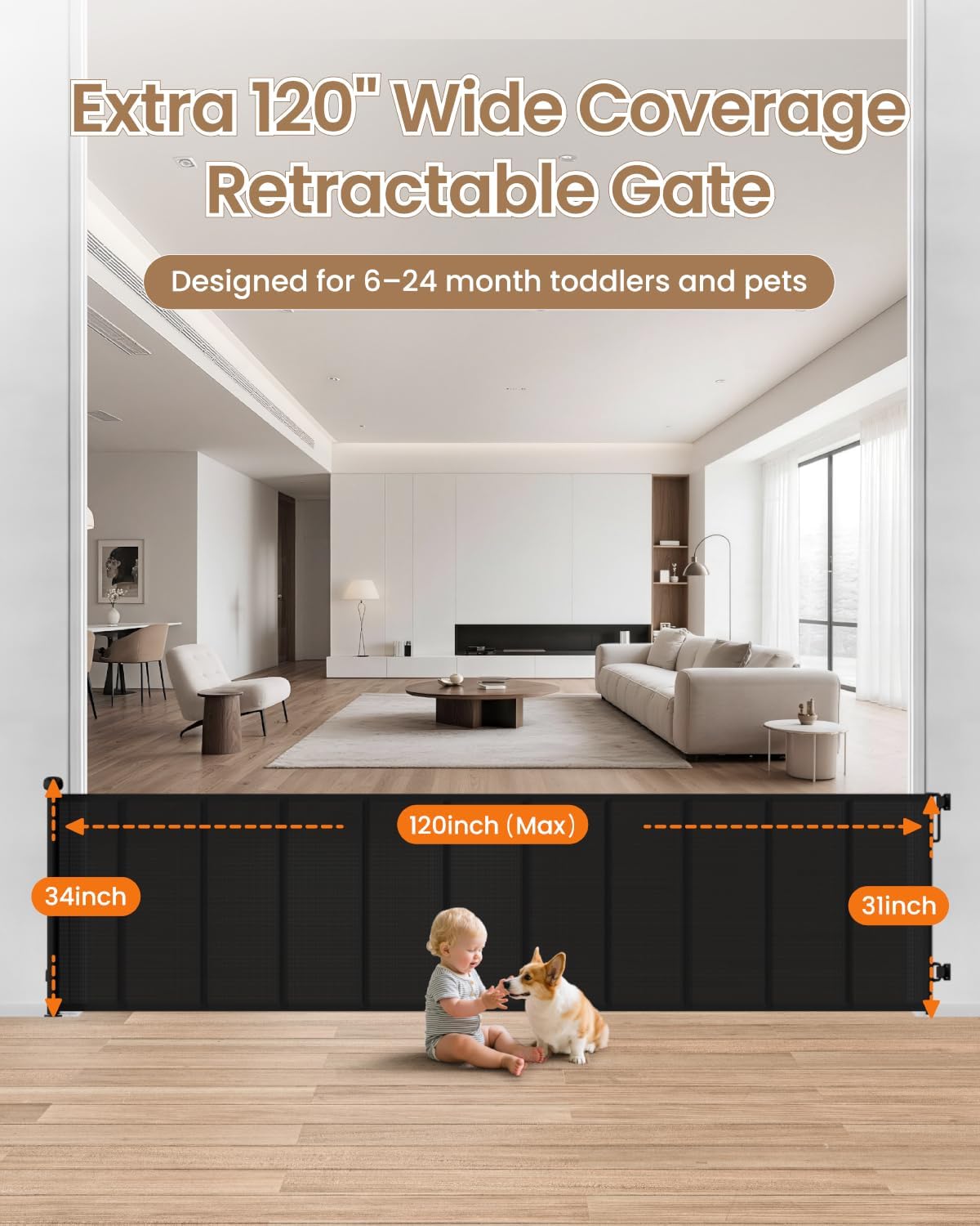 Retractable Baby Gate, 55" Wide Reinforced Mesh Baby Gate with 4 Fiberglass Support Rods for a Tighter Fit, 34" Tall Retractable Dog Gate for Stairways, Hallways and Doorways, Black
