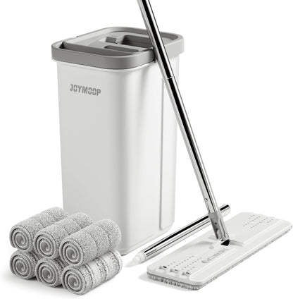 JOYMOOP Mop and Bucket with Wringer Set, Hands Free Flat Floor Mop and Bucket, 60" Mop with 3 Reusable Microfiber Pads, Wet and Dry Use, Floor Cleaning System