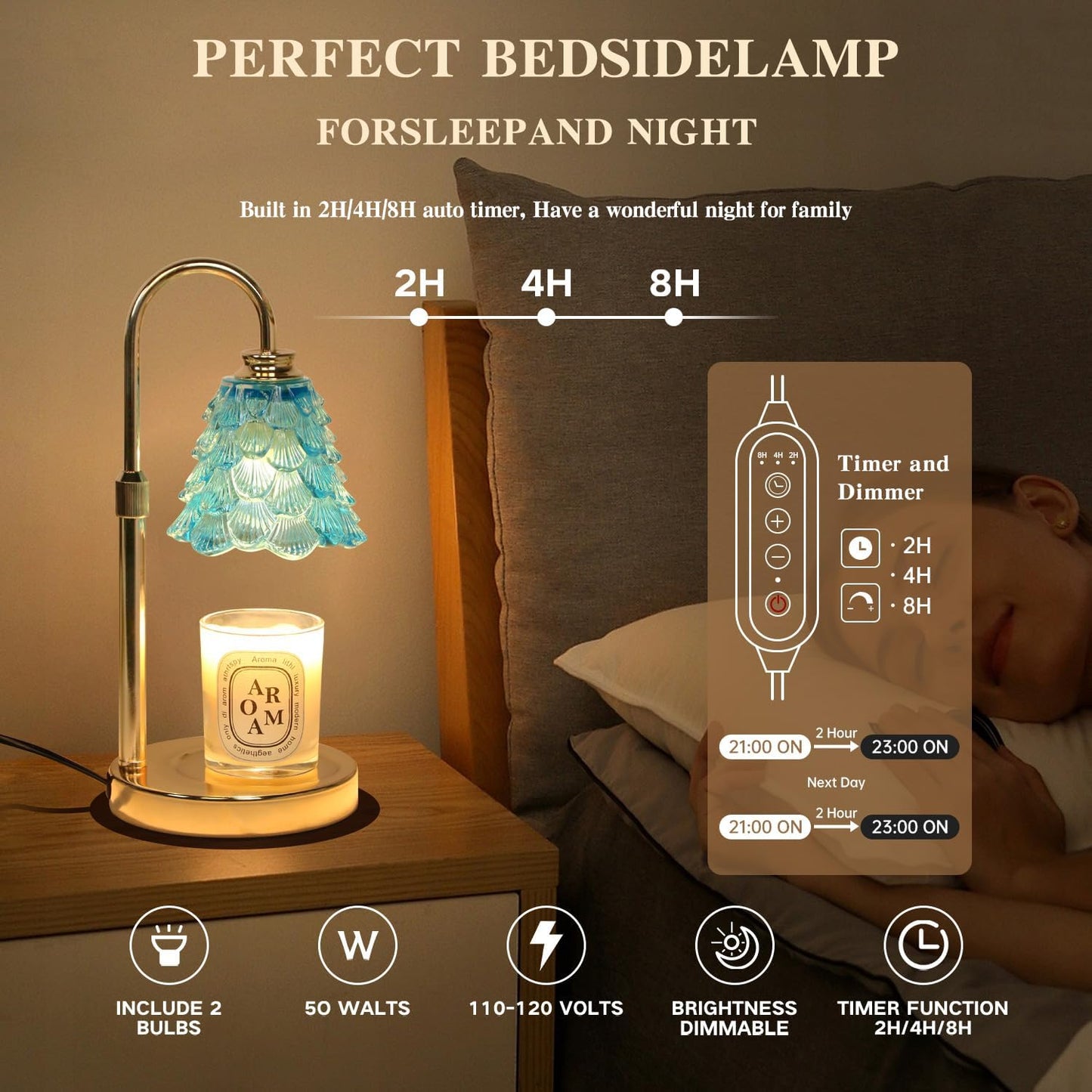 Fragrance Candle Warmer Lamp with 2 Bulbs Electric Candle Warmer with Timer & Dimmer for Home Decor