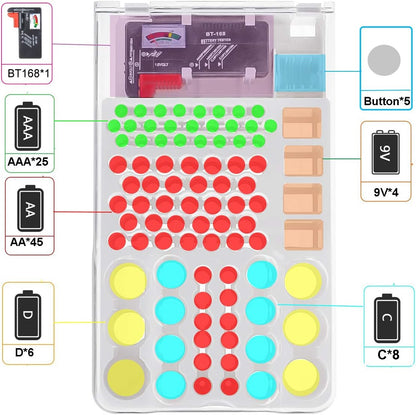 Battery Organizer Storage Case w Tester-110 Batteries Holder Box for AAA, AA, 9V, C, D and Button Battery
