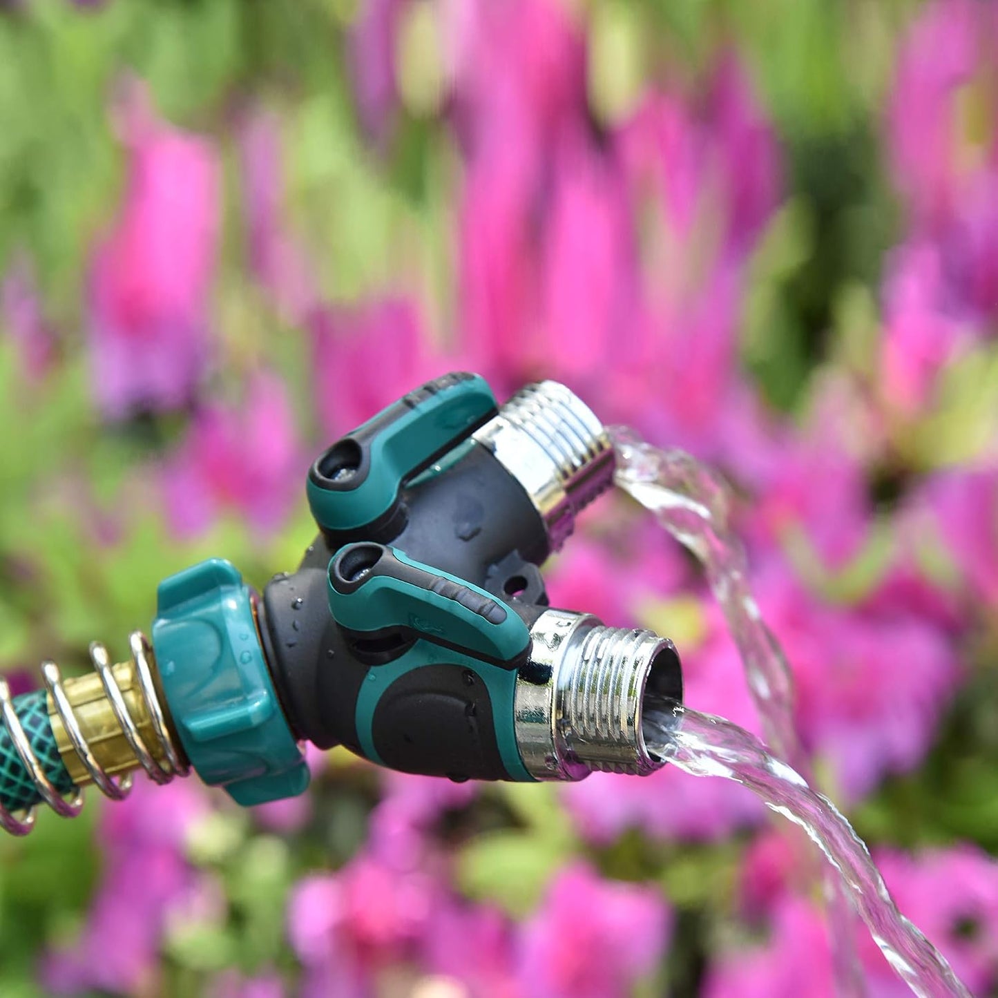 Garden 2 Way Hose Splitter Y Connector with Comfortable Rubber Grip and 360 °Rotatable Top Quick Connect Garden Hose Tee Equipment Valve Shut Off (Green 2)