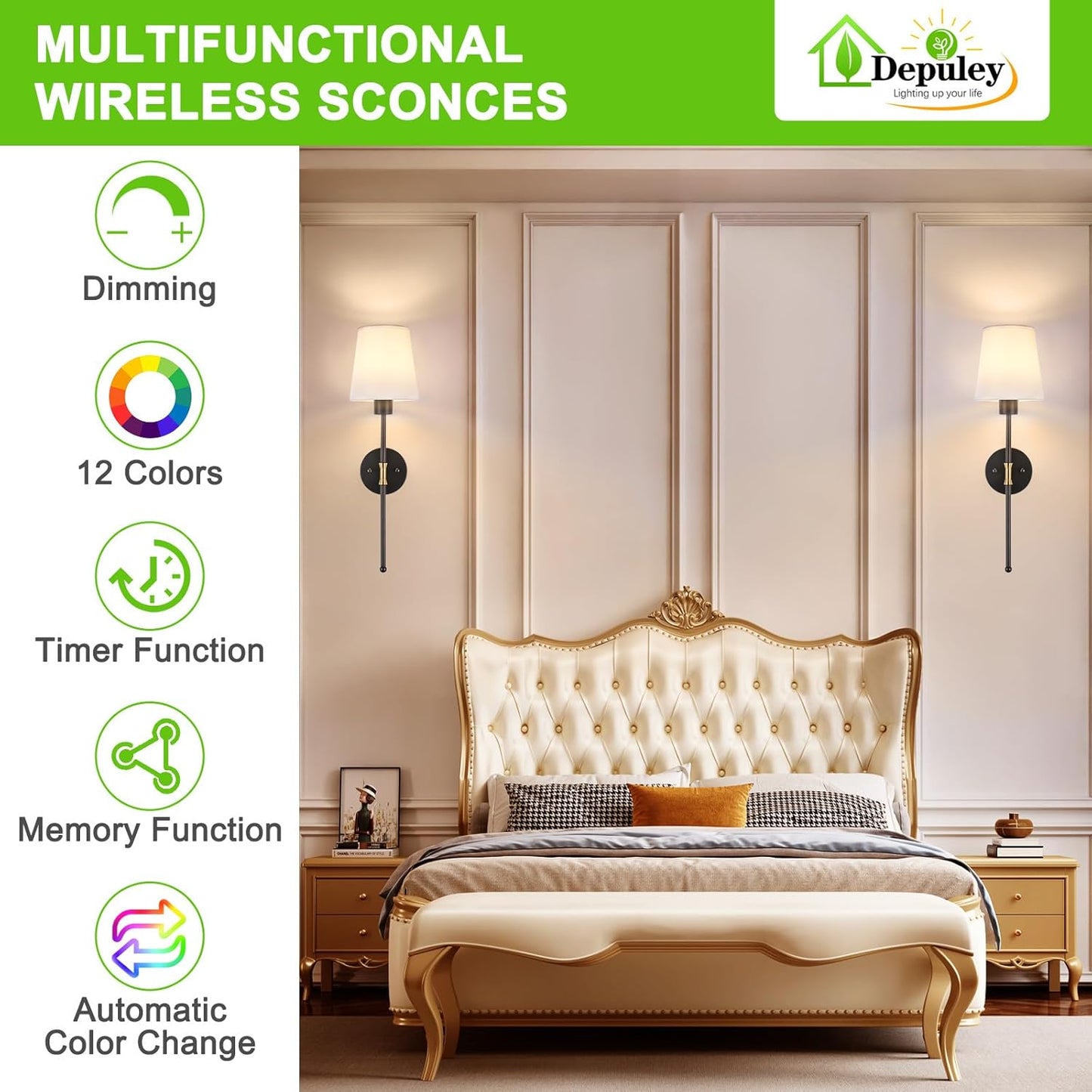 Depuley Battery Operated Wall Sconce: Set of 2 Wireless Wall Lights with 10000mAh Dimmable Bulbs and Remote for Bedroom - Rechargeable 15 Colors Gold Wall Lamp for Living Room Hallway