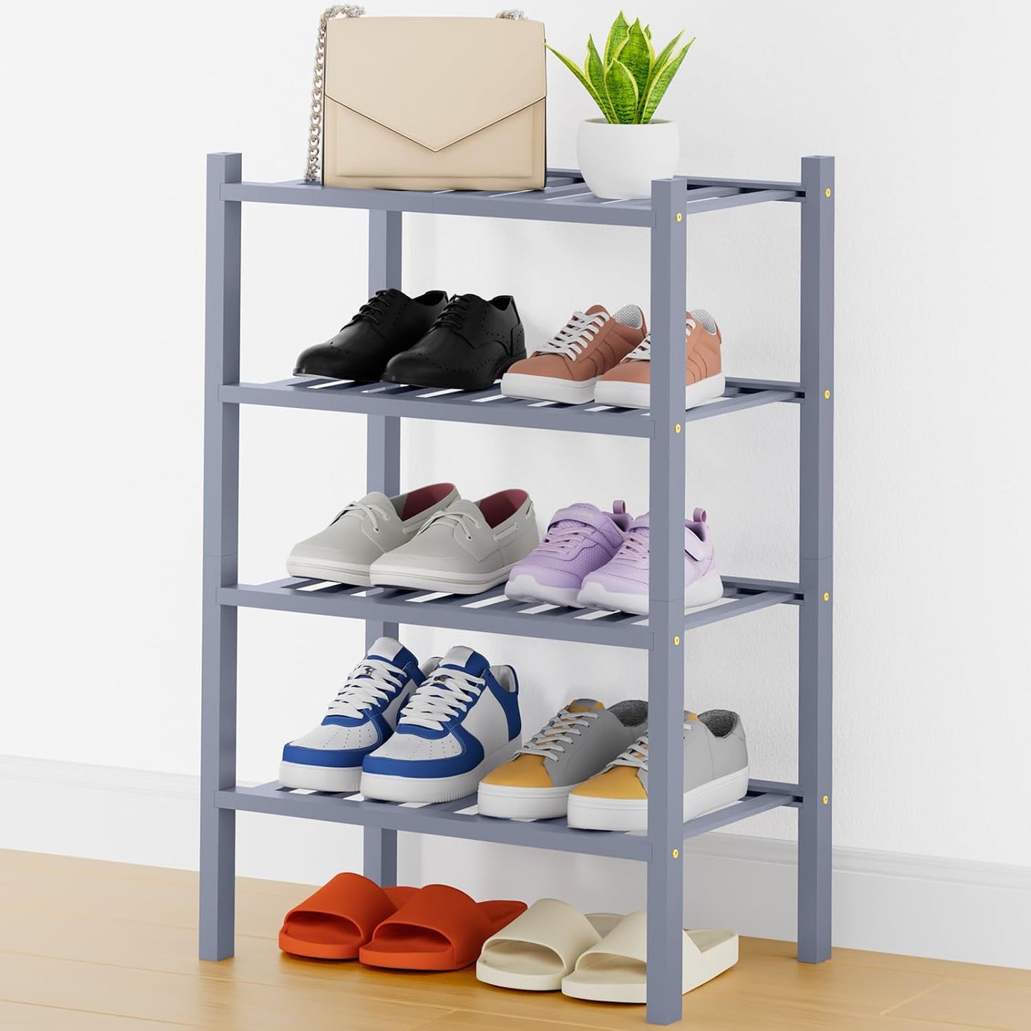 Smiry Bamboo Shoe Rack, 3 Tier Free Standing Wooden Shoe Organizer, Stackable Wood Shoe Storage Shelf for Closet, Entryway, 12 Vertical Slats, 2+1 Stack Standard Legs, 26.8"x11"x19.5", Natural