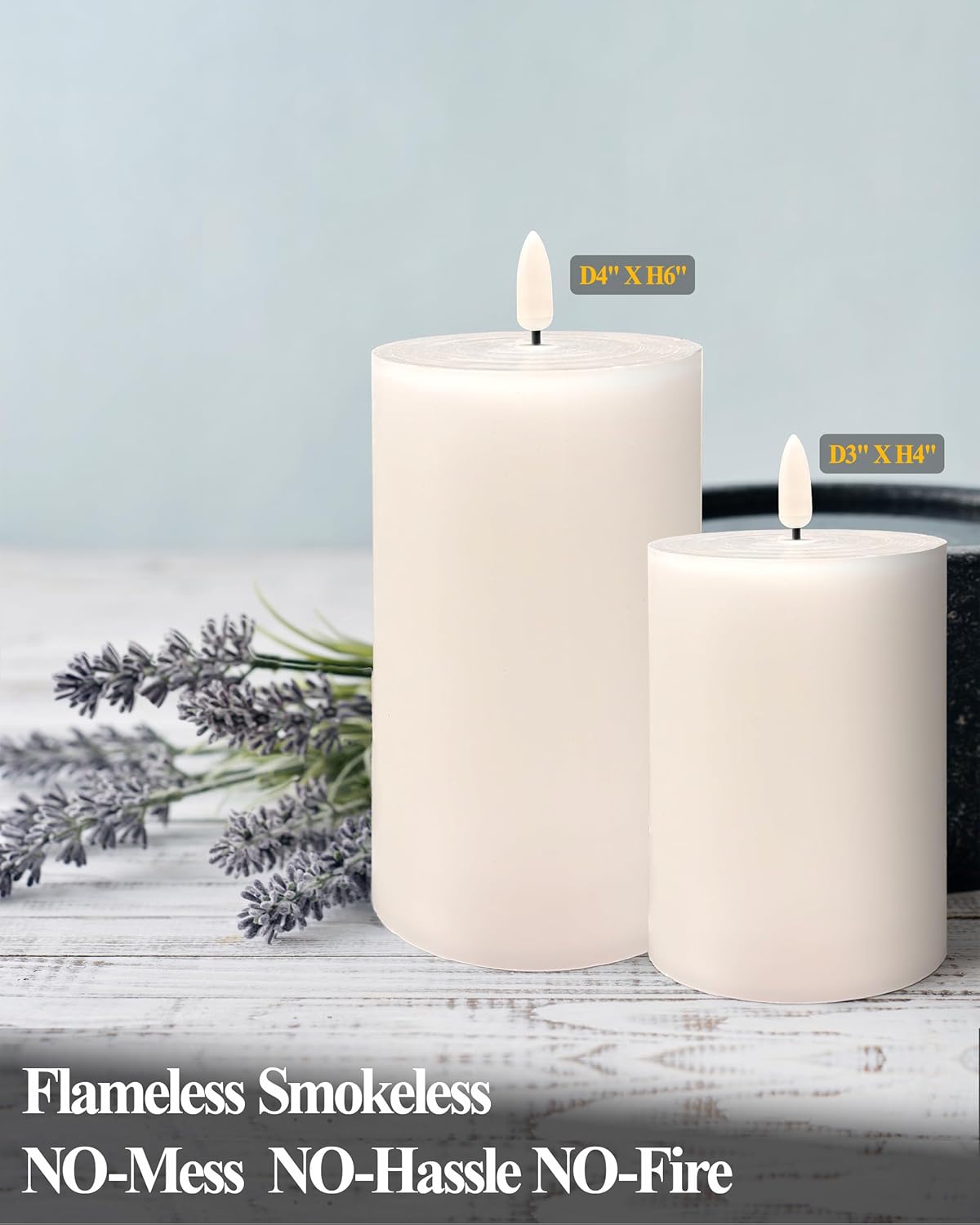 Gmnee 3"x4" Flickering Flameless Candles with Remote Timer, 3" Diameter White Pillar, Real Wax, Set of 2 Large Battery Operated LED Candles for Table and Fireplace Decor (H 4")