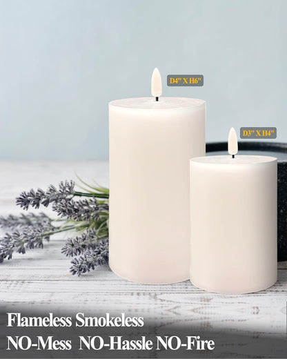 Gmnee 3"x4" Flickering Flameless Candles with Remote Timer, 3" Diameter White Pillar, Real Wax, Set of 2 Large Battery Operated LED Candles for Table and Fireplace Decor (H 4")