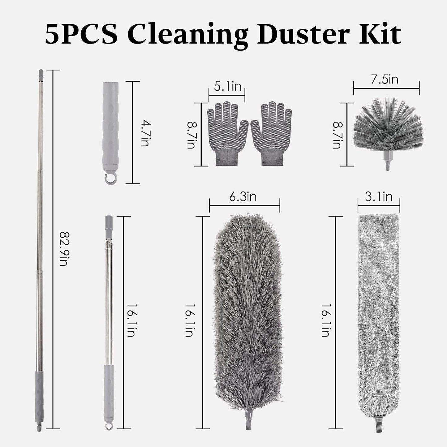 Microfiber Feather Duster 5-in-1 Kit with Extension Pole, Washable Cleaning Duster Set with 3 Duster Heads, Cobweb Duster, Corner Brush, 100'' Extendable Long Duster for High Ceilings, Fans, Furniture