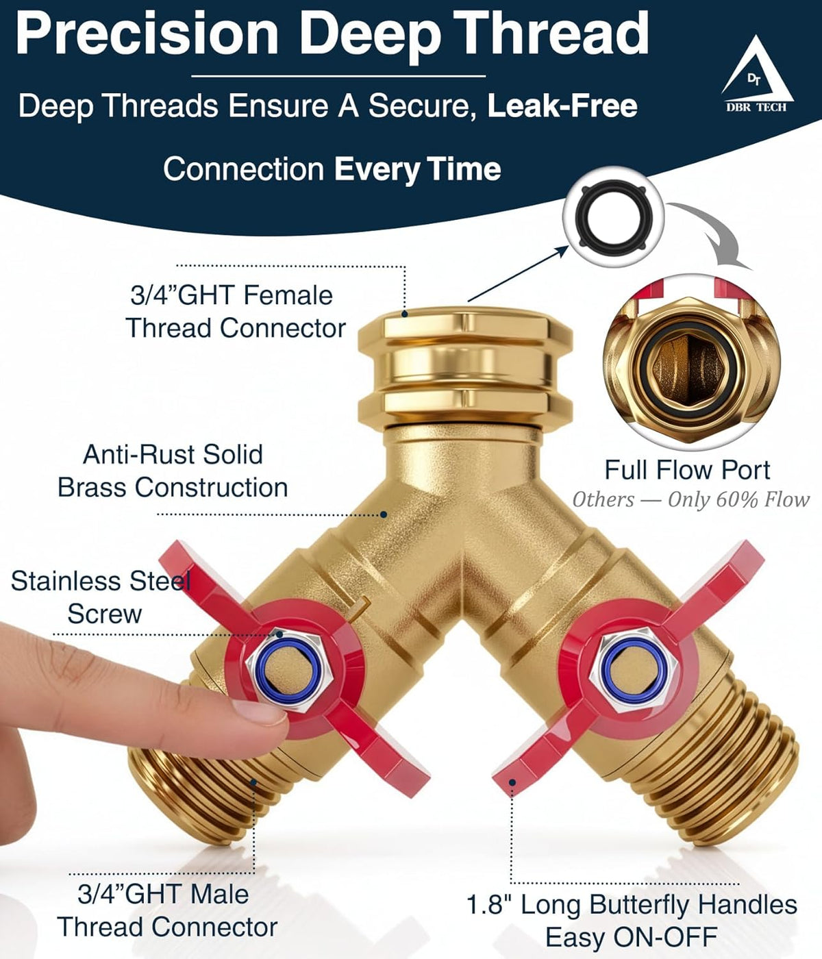 DBR Tech® Garden Hose Splitter 2 Way | Full Flow & Heavy Duty Leak-Proof Brass Water Divider with Dual Shut-Off Valves, Y (Wye) Connector for Outdoor Faucets, Spigots, Lawn & RV | Industrial-Grade