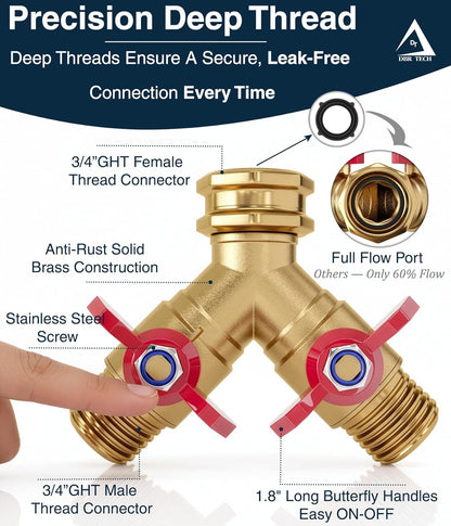DBR Tech® Garden Hose Splitter 2 Way | Full Flow & Heavy Duty Leak-Proof Brass Water Divider with Dual Shut-Off Valves, Y (Wye) Connector for Outdoor Faucets, Spigots, Lawn & RV | Industrial-Grade