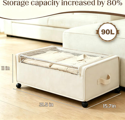 Under Bed Storage with Wheels, 2 Pack Under Bed Storage Containers, 10.6 inches Tall Underbed storage bins on Wheels, Rolling Under the Bed Metal Drawers for Clothes, Blankets, Shoes (XXXL, 90L)
