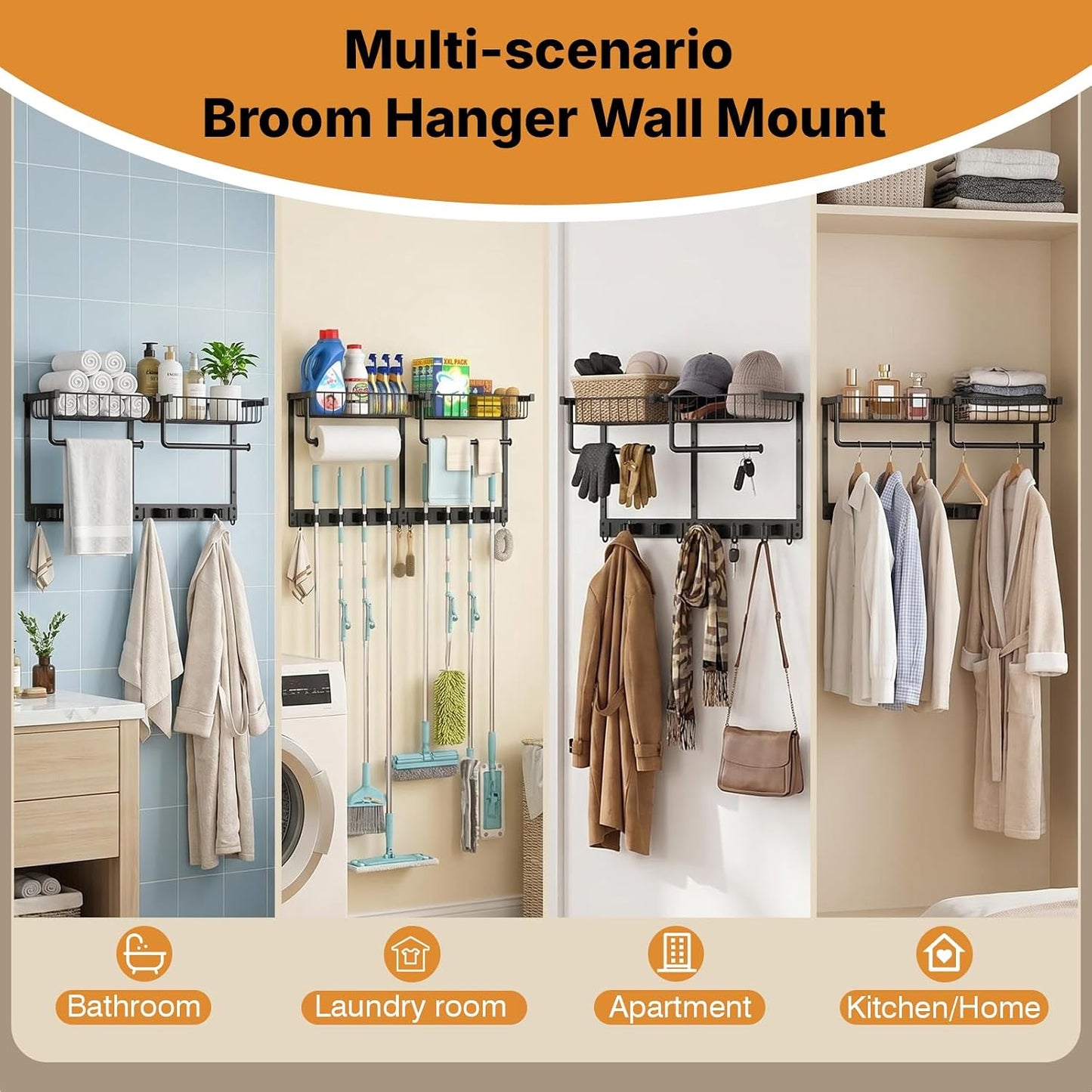 Broom Holder Wall Mount, Broom and Mop Organizer Wall Hanging with Paper Towel Holder & Removable Anti-fall Basket, Wall Mount Cleaning Supplies Organizer for Laundry Room, Apartment, Utility Room