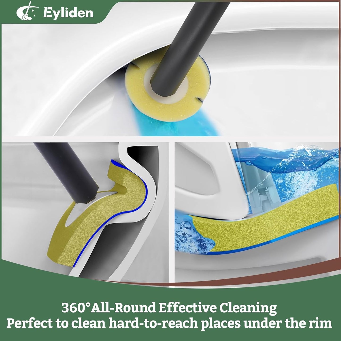 Eyliden Toilet Brush and Plunger Set, Disposable Wand Kit with 10 Refills | Pre-Soaked Concentrated Cleaner Sponge, Touch-Free, 2-in-1 Compact Holder, Powerful Suction Cup, Bathroom Cleaning System