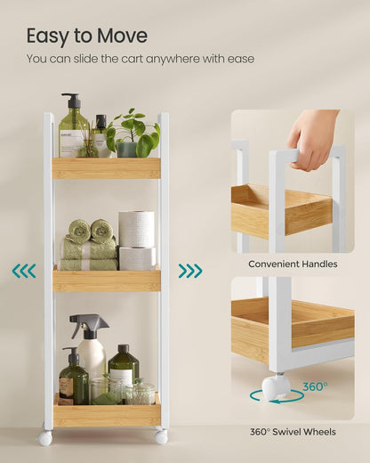 SONGMICS Bamboo Rolling Cart, 3-Tier Utility Cart on Wheels, Slim Narrow Storage Shelf, Bamboo Shelves, Space-Saving, Multifunctional, for Bathroom, Kitchen, White and Natural UBCB083N02
