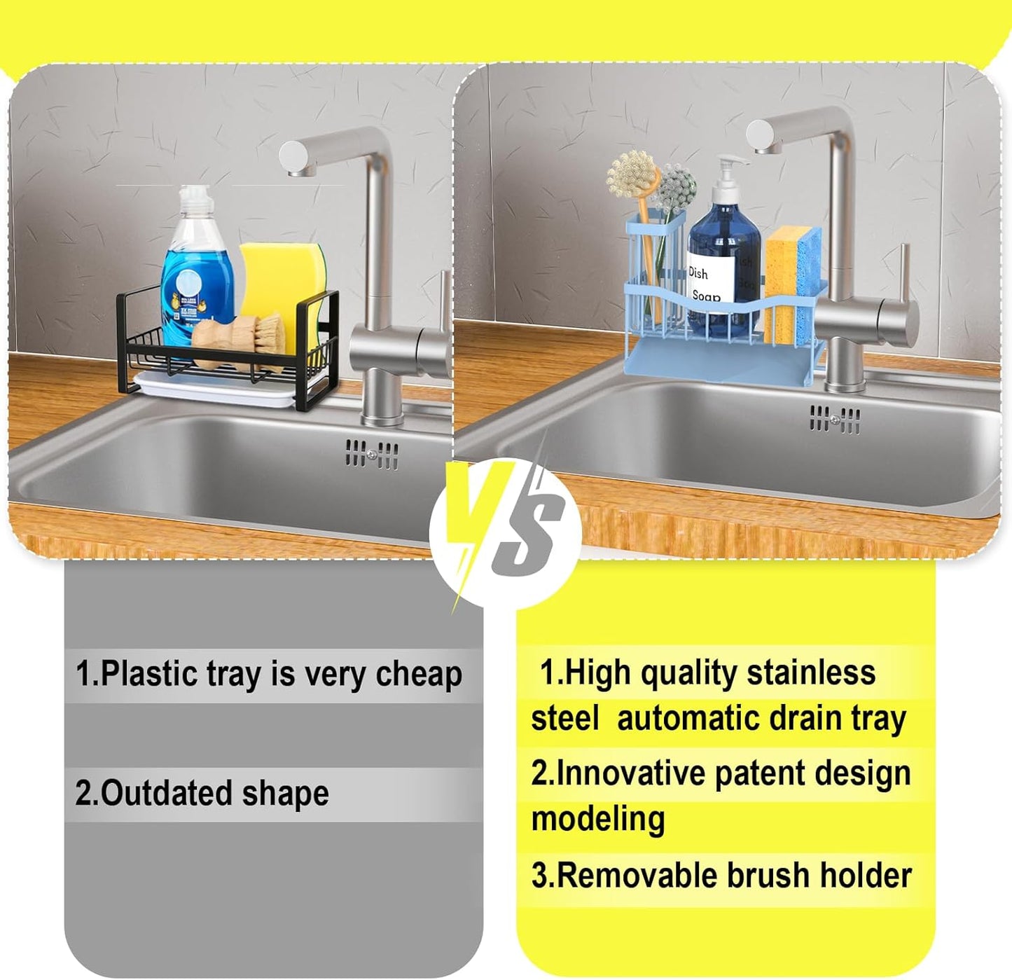 Maifan Sink Caddy Sponge Holder for Kitchen with Brush Holder and Stainless Steel Self Drain Tray, Rustproof Kitchen Sink Organizer for Sponge, Soap Dispenser Storage Accessories (Lacquer Silver)