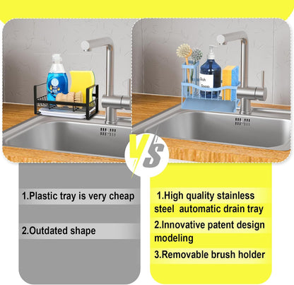 Maifan Sink Caddy Sponge Holder for Kitchen with Brush Holder and Stainless Steel Self Drain Tray, Rustproof Kitchen Sink Organizer for Sponge, Soap Dispenser Storage Accessories (Lacquer Silver)