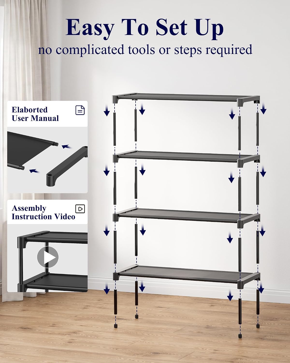 Kitsure Shoe Rack - Non-Woven Shoe Rack Shelf, Shoe Organizer for Closet, Entryway, Garage & Corridor, Stackable Shoe Shelves, 27.5" Wide - 3 Tier, Black
