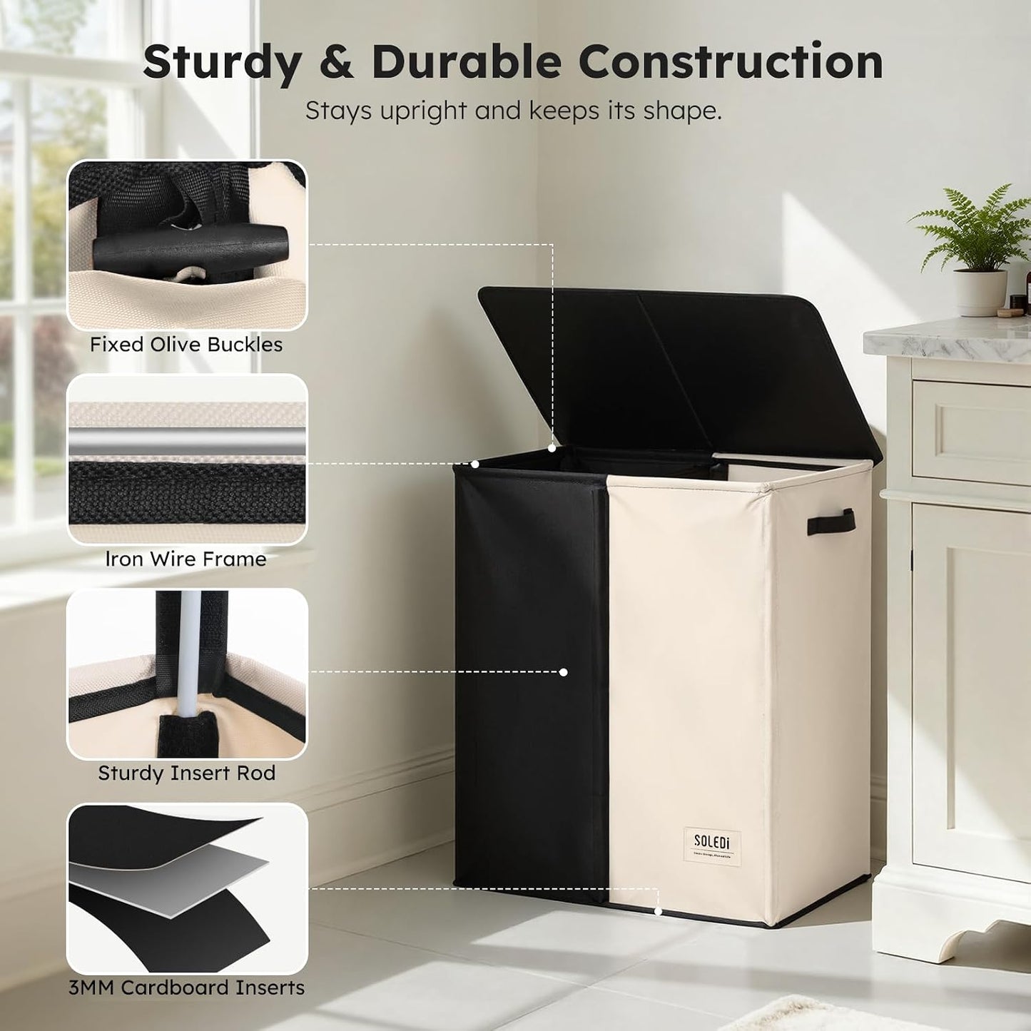 SOLEDI Luxury Double Laundry Hamper with Lid and Removable Bags, 38.3 Gal Large Laundry Bin, Laundry Basket 2 Sections, Collapsible Clothes Hamper for Bedroom, Laundry Room, Bathroom, Off-white