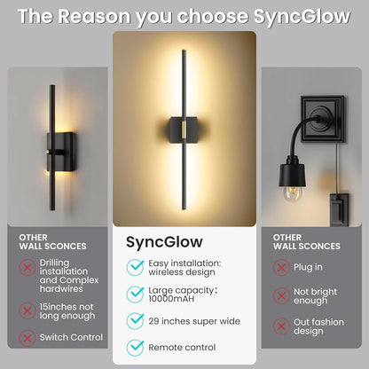 Battery Operated Wall Sconces Set of Two, 10000mAh Rechargeable Wall Lights with Remote Control, 360° Rotate Dimmable Black Gold LED Cordless Lighting for Bedroom, Living Room, Hallway, 29 Inch, 3CCT