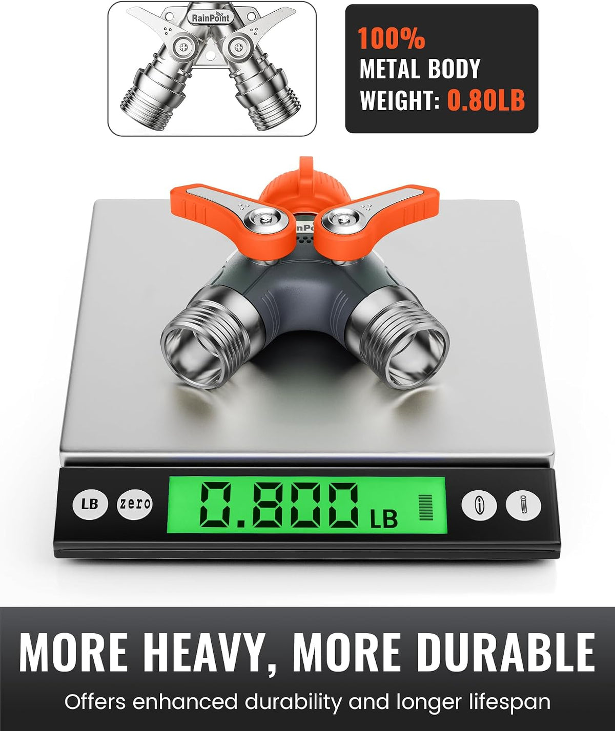 RAINPOINT 2 Way Garden Hose Splitter | Heavy Duty Water Spigot Splitter with Shutoff Valves, 100% Metal Body, 1.9" Extra Long Metal Handle, 3/4" GHT Thread
