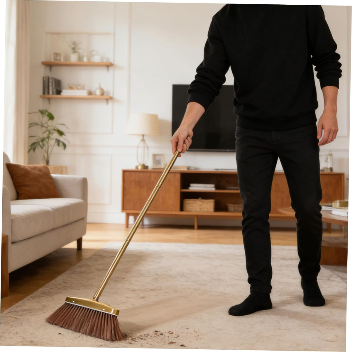 Heavy Duty Stainless Steel Broom with Removable Handle, Thick Bristle Hand Sweeper for Indoor and Outdoor Leaf Cleaning, Weather-Resistant Floor Broom for Home and Patio Use