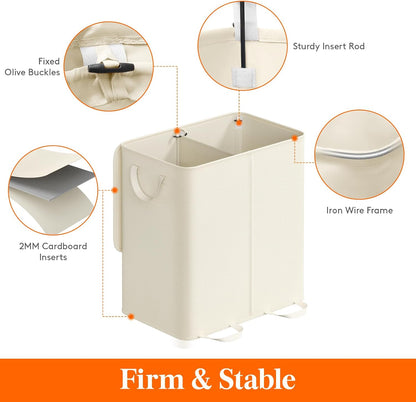 Lifewit Double Laundry Hamper with Lid and Removable Laundry Bags, Large Collapsible 2 Dividers Dirty Clothes Basket with Handles for Bedroom Laundry Room Closet Bathroom College, 136L Beige