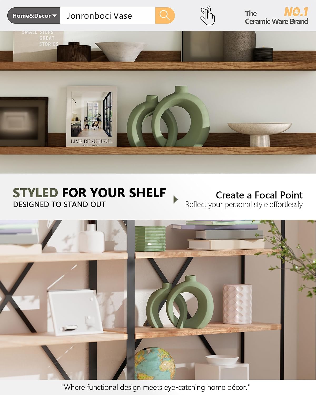7.2″Hx8.9″H Donut Shape Decorative Vase Set of 2, Ceramic, Modern Minimalism Styles, Flowers or Plant Table Vases for Home Decor Living Room Shelf Entry Console Mantle Dining Centerpiece (Matte White)