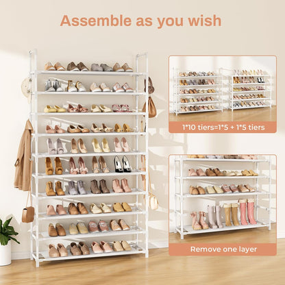LANTEFUL 10 Tiers Tall Shoe Rack 20-25 Pairs Boots Organizer Storage Sturdy Narrow Shoe Shelf for Entryway, Closets with Hooks, Black
