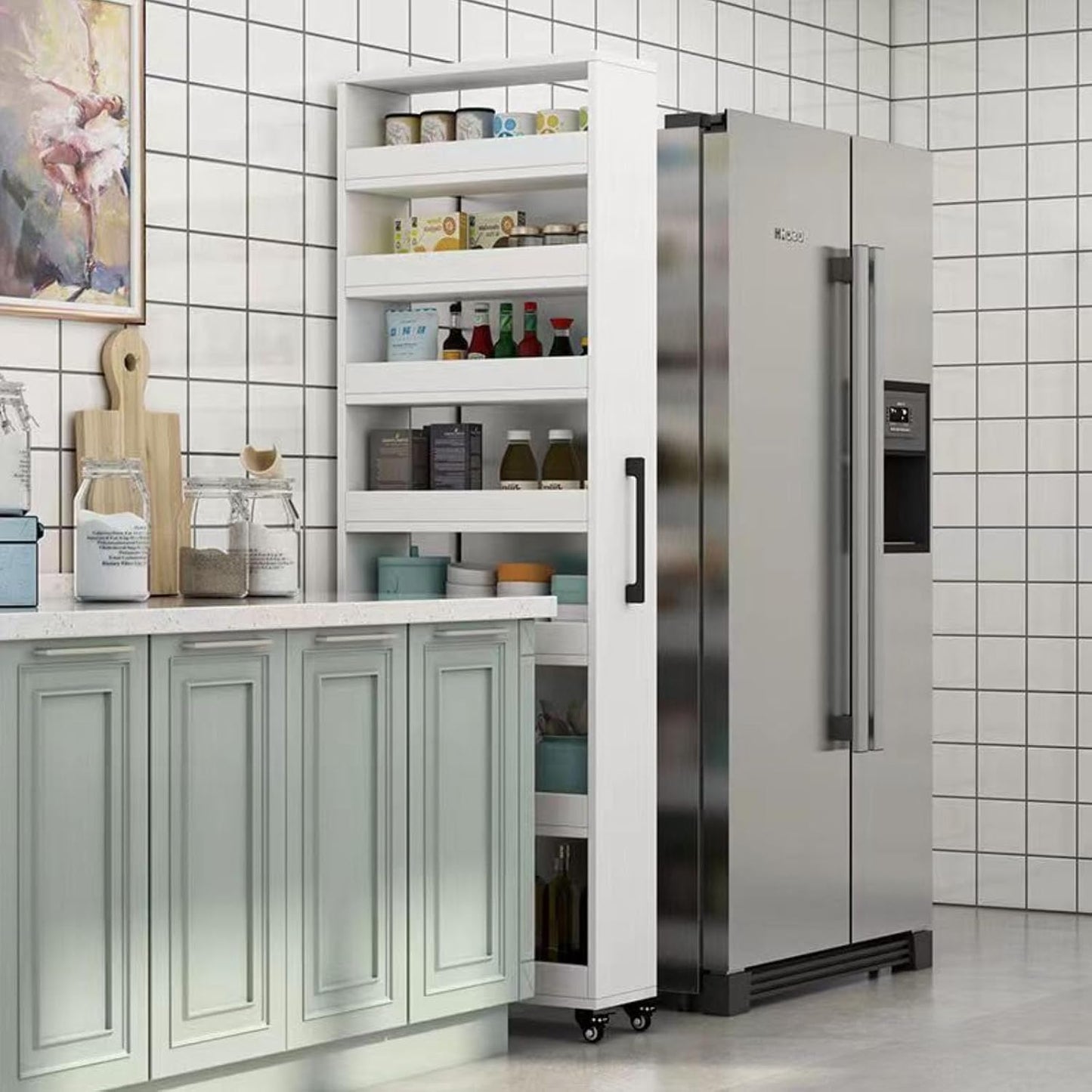 Slim Rolling Storage Cart - White Kitchen Cabinet with Wheels & Handle, Narrow Wood Spice Rack for Small Spaces Next to Fridge, Pantry Shelf Organizer.