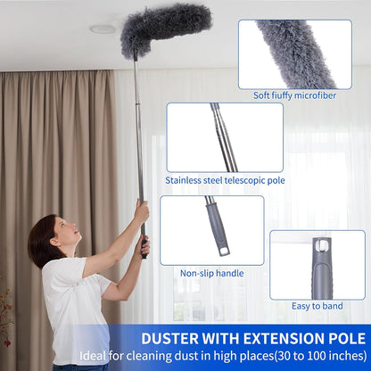 FrutPunch Duster with Extension Pole,Ceiling Fan Cleaner Duster Set of 6, Telescopic Cobweb Feather Duster 100 Inch,Ceiling Fan Duster, House Cleaning Tool Set