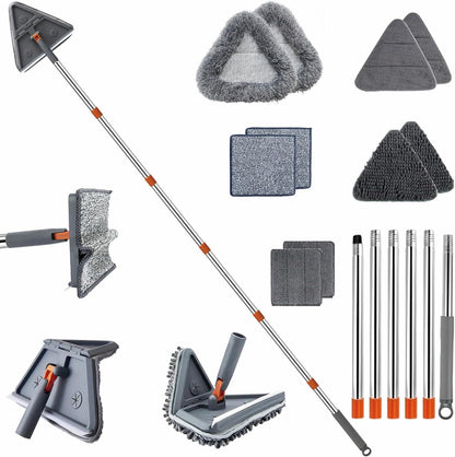 Wall Cleaner Mop with 98" Long Handle, Baseboard Cleaner Tool for Cleaning Ceilings, Windows, Corners, Vents, 2-in-1 Triangle & Rectangle Head with Squeegee, 10 Washable Pads