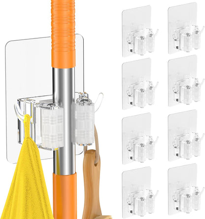 8 PackBroom Holder Wall Mount, New Version Adhesive Mop and Broom Holder Wall Mount, Super Anti-Slip Broom Hanger Mop Organizer Wall Hanging for Bathroom, Kitchen, Laundry Room