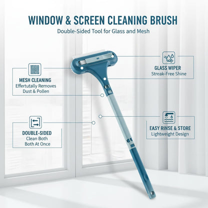 Window and Screen Cleaning Brush, Double-Sided Tool for Glass and Mesh, 13-Inch PP Plastic Frame with Surface Wiper (1 PC)