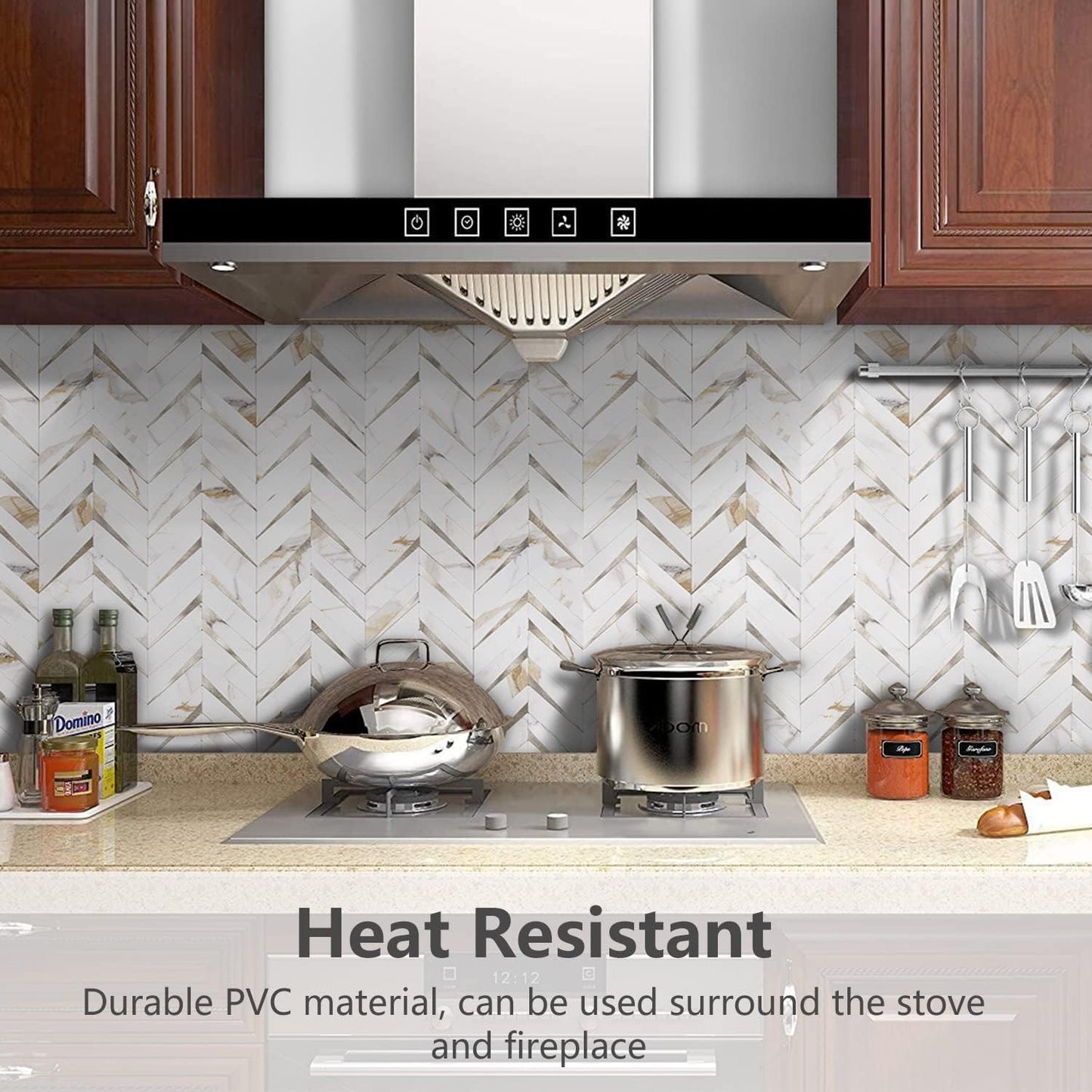STICKGOO 10-Sheet Herringbone Tile Peel and Stick Backsplash, Beige Mixed Metal Gold PVC Stick on Backsplash, Self Adhesive Wall Tile for Kitchen and Bathroom