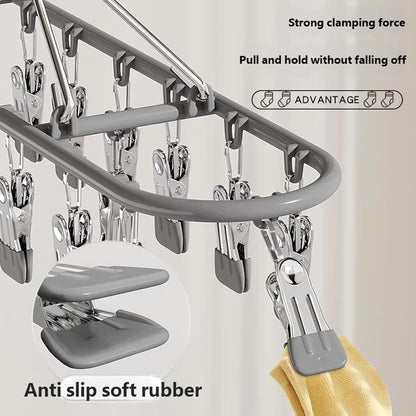 Clothes Drying Rack with 20 Clips, Hanging Laundry Hanger Dryer Rack, Stainless Steel Sock Dryer Clip for Home Camping Accessory Portable Outdoor Sock