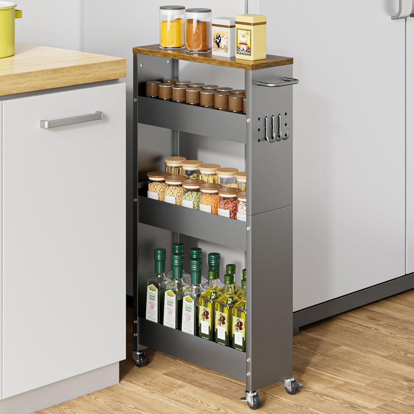 XYZLVSI Slim Storage Cart, Narrow Kitchen Rolling Cart for Small Spaces | 5.9" W skinny storage cart, 12.4" bottom metal utility cart with 360° swivel wheels for bathroom/laundry, slim shelf, white