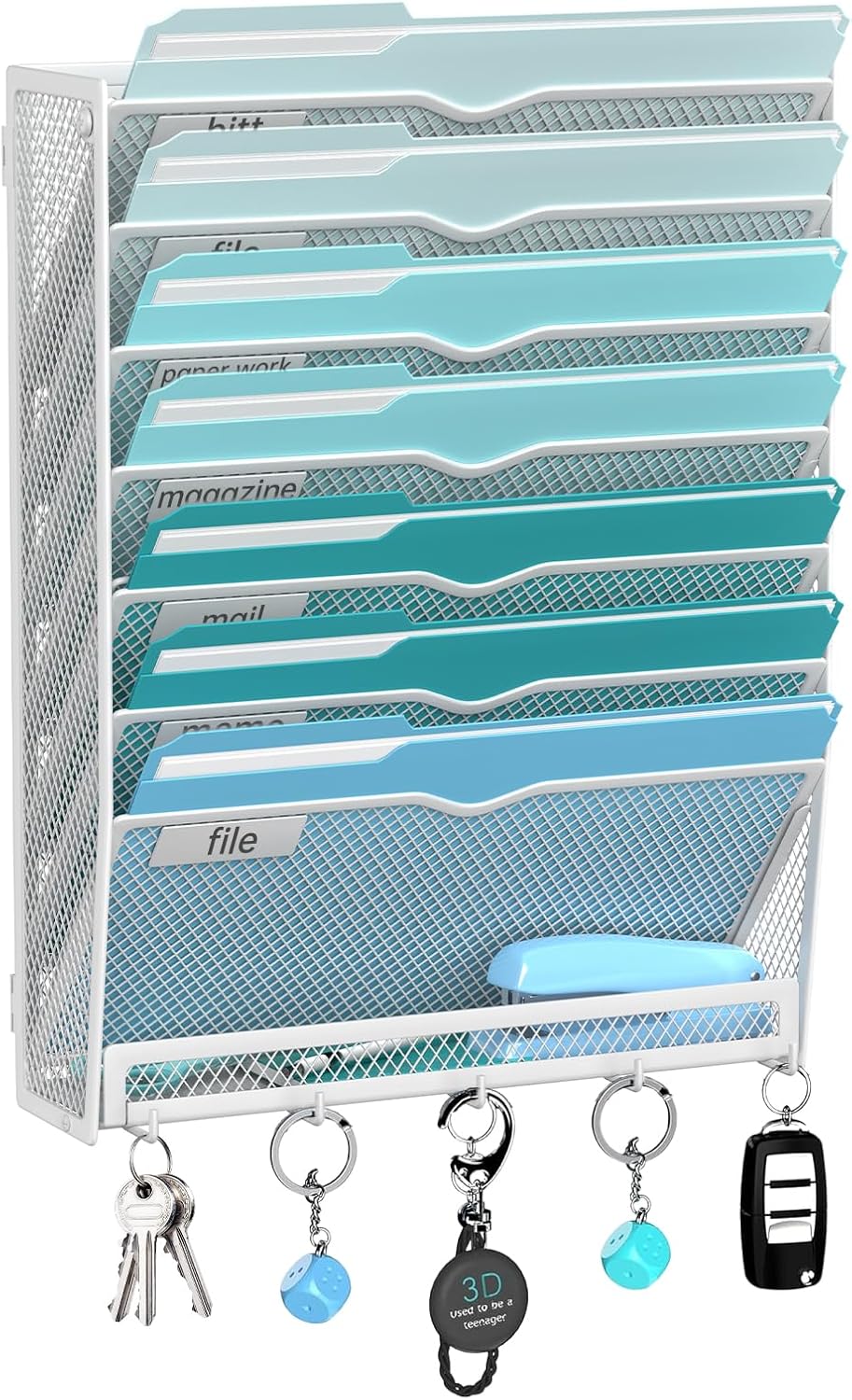5 Tier Wall File Organizer - Hanging File Organizer with 5 Hooks, Mail Holder Wall Mounted for Papers, Folders, Magazines, Bills, Office&School Organization, Black