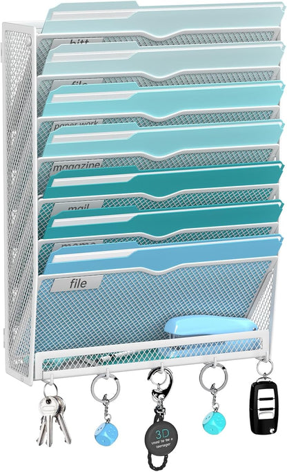 5 Tier Wall File Organizer - Hanging File Organizer with 5 Hooks, Mail Holder Wall Mounted for Papers, Folders, Magazines, Bills, Office&School Organization, Black