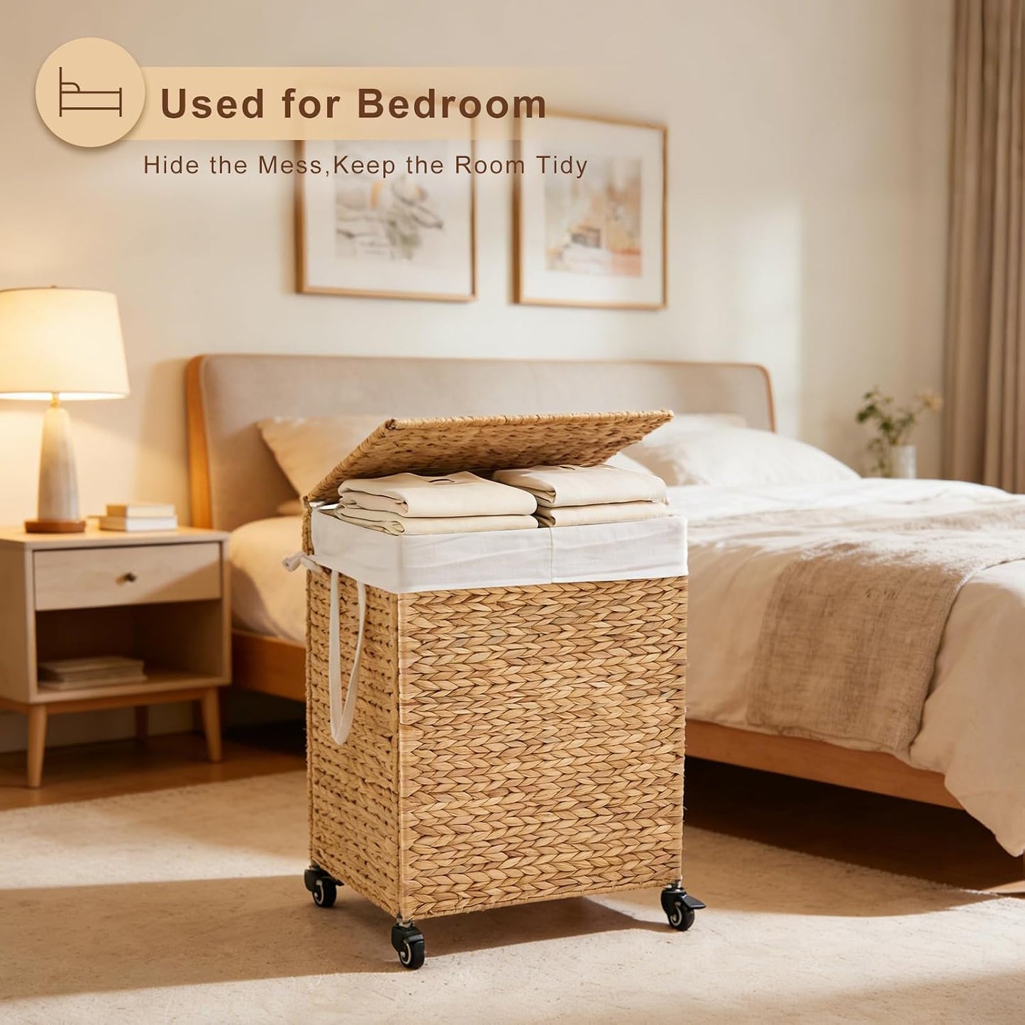 3-Section Laundry Hamper with Lid, Large Capacity Woven Natural Water Hyacinth Laundry Sorter with Removable Liners, Rolling or Non-Slip Design for Bedroom (Natural, 155L)