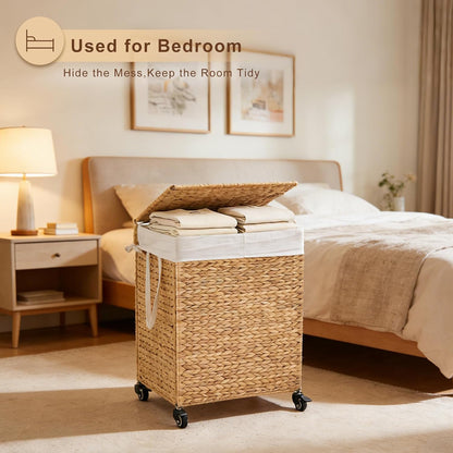 3-Section Laundry Hamper with Lid, Large Capacity Woven Natural Water Hyacinth Laundry Sorter with Removable Liners, Rolling or Non-Slip Design for Bedroom (Natural, 155L)