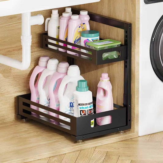 2 Pack Under Sink Organizer,Pull Out Cabinet Organizer with Smooth Cylindrical Rail,Metal Slide Out Drawer for Kitchen Bathroom Laundry Cabinet,8-Level Tool Free Height Adjustable-Black