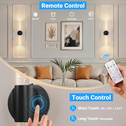 Peel and Stick on Gold Battery Operated Wall Sconces Set of 2, Rechargeable Magnetic Linear Wall Lights for Bedroom, Wireless Sconces with Remote&Touch Control, 3CCT&Dimmable Wall Lamp for Living Room
