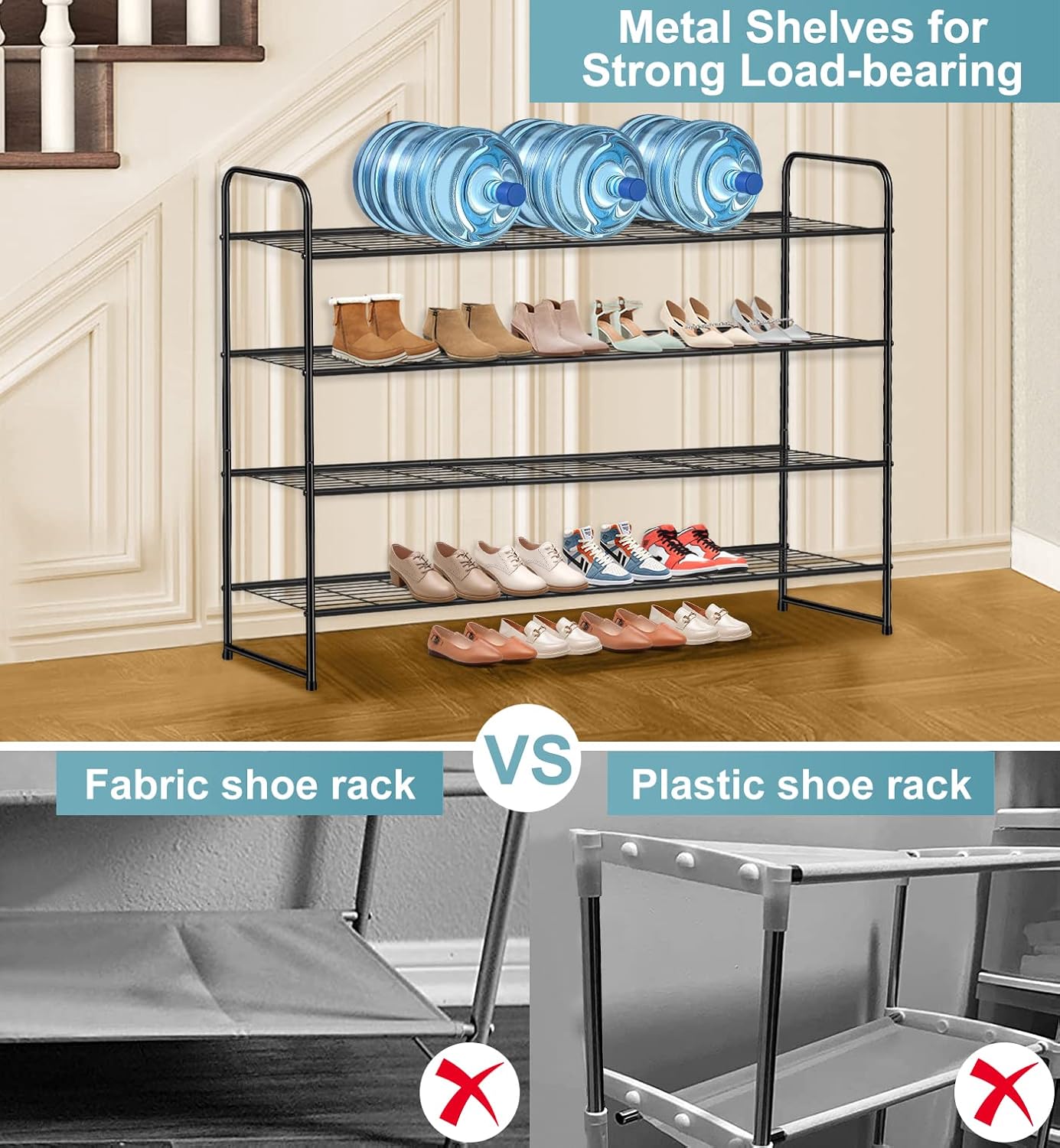 AOODA Long 3 Tier Metal Shoe Rack for Closet Wide Stackable Shoe Storage Organizer for Entryway, Bedroom, Floor, 24-Pairs Men Sneakers Shoe Shelf with Wire Grid, Black