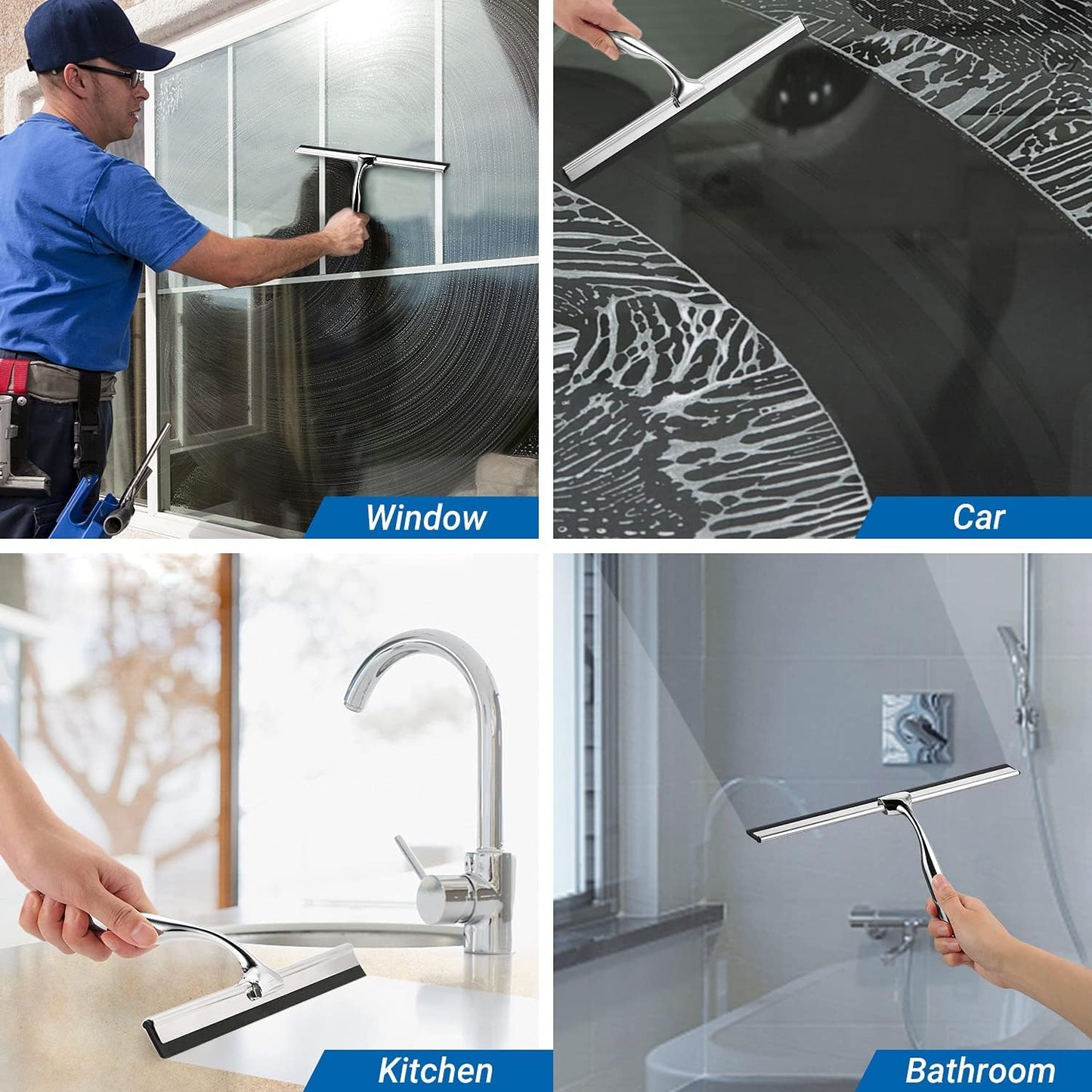 ecooe Silicone Shower Squeegee with Hanger, 13″/33cm Shower Glass Cleaner Wiper, Black Window Squeegee Scraper with Stainless Steel Core for Home Bathroom Kitchen Car Glass Doors