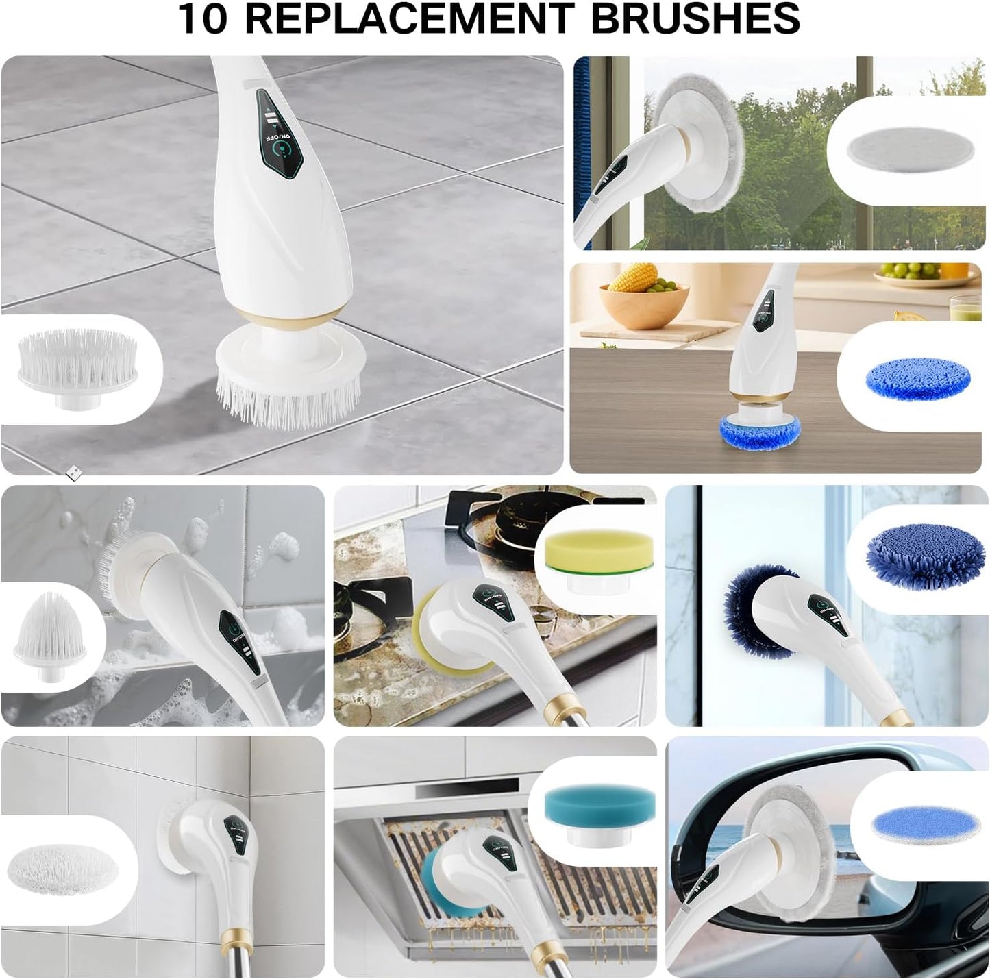 Electric Spin Scrubber Cordless Shower Cleaning Brush with 10 Replaceable Brush Heads, Extendable Handle Up to 59", 2 Speed, Waterproof, 2H Cleaning Time for Bathroom Shower Tile Glass Car