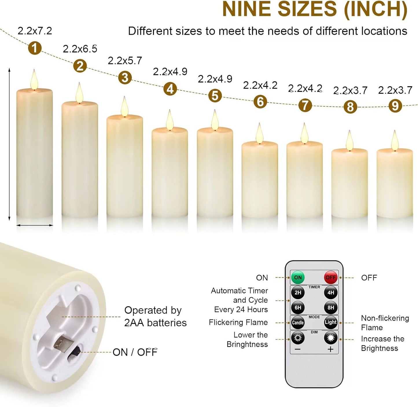 Flameless Flickering Battery Operated Candles D2.2''*H4 5" 6" 7" 8" 9" Set of 9 Ivory Real Wax Pillar LED Candles with 10-Key Remote and Cycling 24 Hours Timer (Ivory)