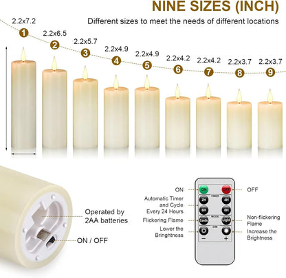 Flameless Flickering Battery Operated Candles D2.2''*H4 5" 6" 7" 8" 9" Set of 9 Ivory Real Wax Pillar LED Candles with 10-Key Remote and Cycling 24 Hours Timer (Ivory)