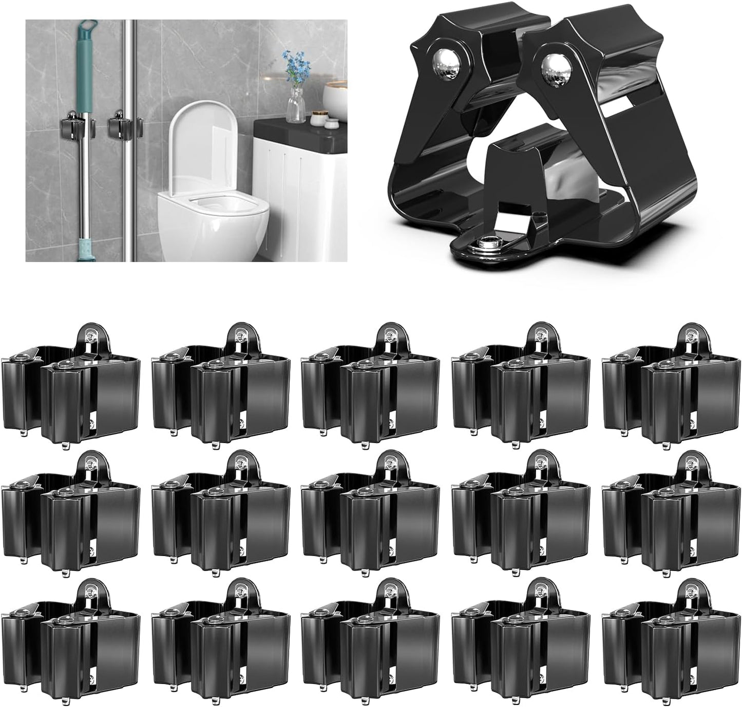 3-H Broom Holder Wall Mount 12 Pack, Heavy Duty Stainless Steel Mop and Broom Organizer Clips, Strong Grip Wall Mount Holders for Garage, Garden, Laundry Room & Utility Closet, Black