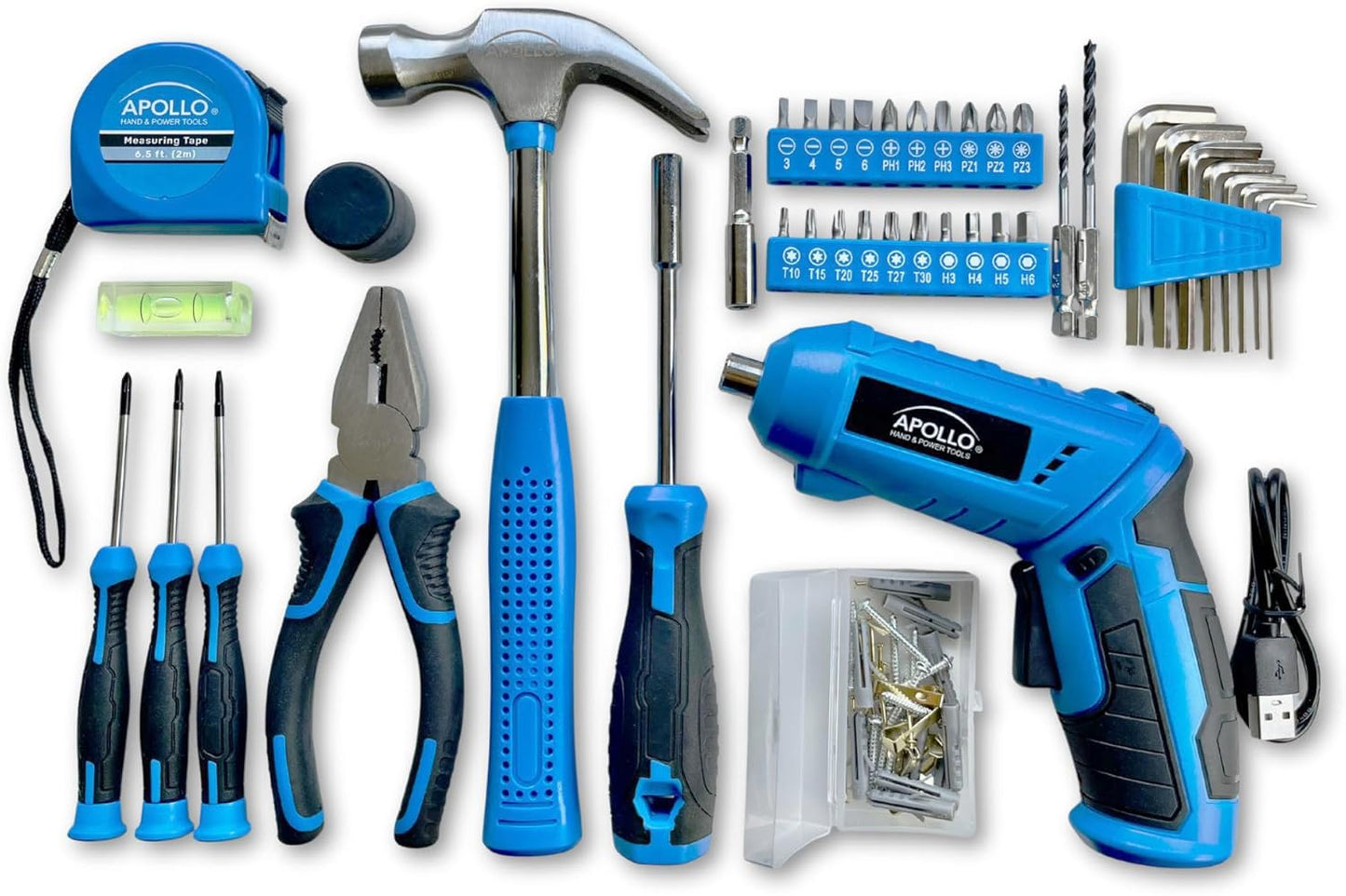 Apollo Tools 81-Piece Home Tool Set with 3.6V Li-Ion USB Cordless Screwdriver, Rotating Handle, LED Light, Hand Tools & Picture Hanging Kit – Compact Household Repair & DIY Kit, Blue/Gray DT2020