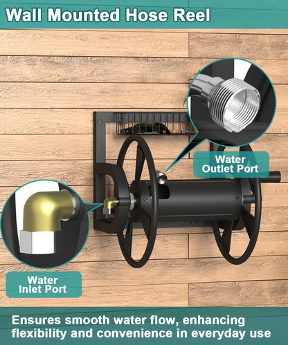 Artigarden Garden Wall Mounted Hose Reel, Outdoor Heavy-Duty Water Hose Holder Winder, Holds 125 Feet of 5/8-Inch Hose, with 3.9 ft Leader Hose, Water Fitting and Storage Basket for Yard, Black