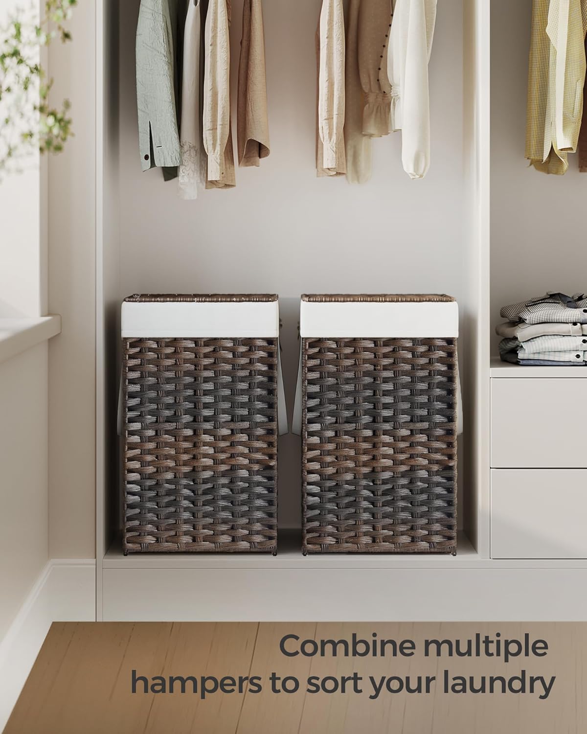 SONGMICS Laundry Hamper with Lid, 23.8 Gallon (90 L) Synthetic Rattan Clothes Laundry Basket with Lid and Handles, Foldable, Removable Liner, Chestnut Brown ULCB051K02