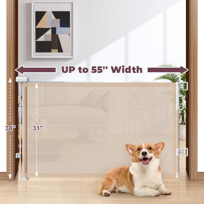 Retractable Baby Gate for Stairs & Doorways, Mesh Dog Gate Indoor Outdoor, Extends to 55" Wide 34" Tall Child Gate for Hallways, Deck, Porch, Pet Toddler Safety Essentials, Easy Install, Grey